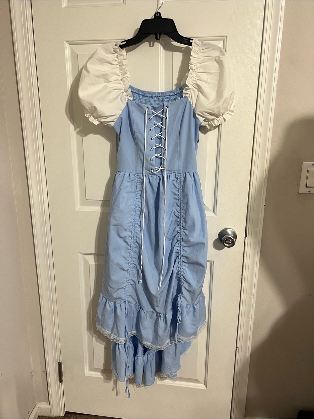 Light Blue and White Midi Puff-Sleeve Lace-Up Dress